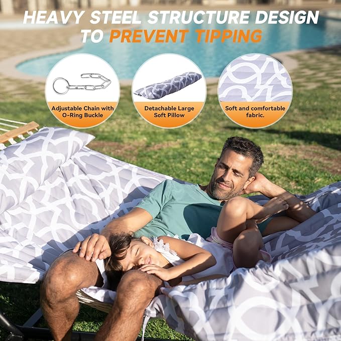 Everyfun 2 Person Hammock with Stand, Heavy Duty Double Cotton Rope Hammock with Removable Quilted Pad & Pillow, 500 LBS Adjustable Steel Frame, Tool-Free, Carry Bag for Outside Patio Yard, White-Gray