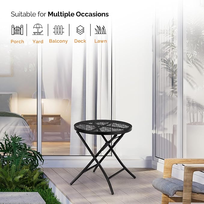 Folding Outdoor Side Tables, Small Patio Table Round Metal End Table with Flower Cutouts for Porch Yard Balcony Deck Lawn, Black