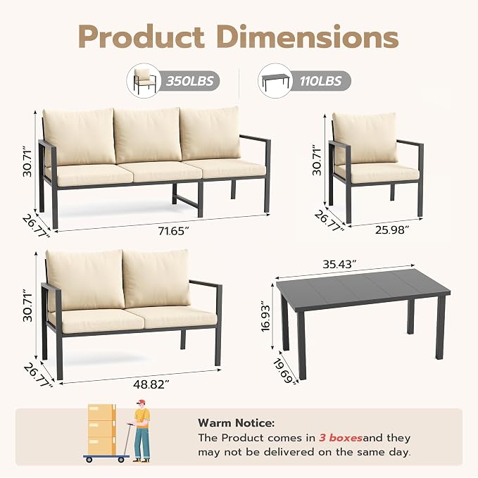 5 Pieces Metal Patio Furniture Set Deck Outdoor Furniture 7-Seat Patio Conversation Sets All-Weather Rust-Proof Sectional Sofa Set with Removable Cushion for Deck, Balcony, Yard, Poolside