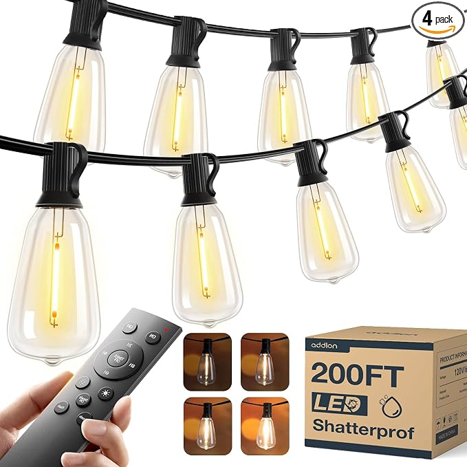 addlon 200FT(50FT*4) Outdoor String Lights ST38 LED with Remote Waterproof | Dimmable Shatterproof Replaceable Bulbs, Connectable Hanging Strand for Porch Backyard Patio Garden Deck Outside, Timer
