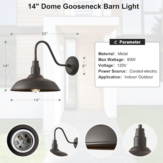 2 Pack Outdoor Barn Farmhouse Light with 14in Dome, Exterior Gooseneck Lights Fixture for House, Dark Bronze Outside Wall Mount for Porch, Patio, Entryways