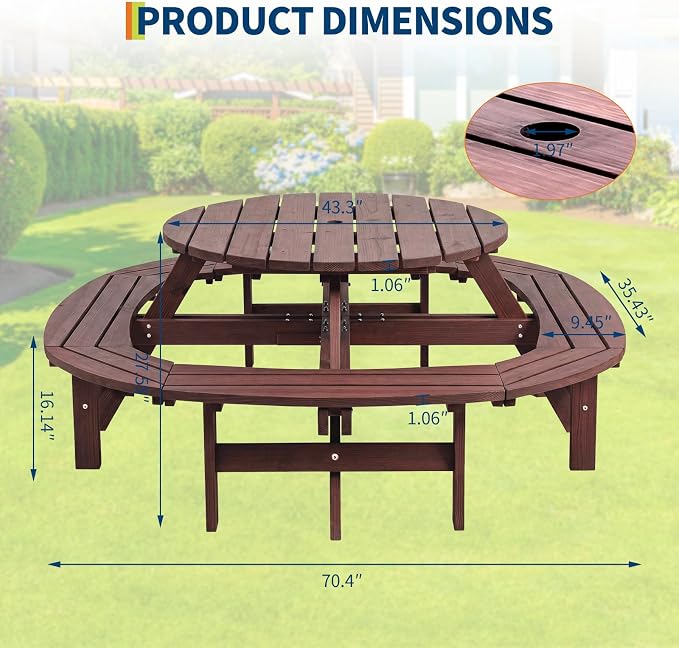 Garvee 8 Person Wooden Picnic Table, Outdoor Picnic Tables with 4 Built-in Benches, Circular Camping Dining Table and Chairs Set with Umbrella Hole for Garden, Patio, Backyard, Walnut Brown