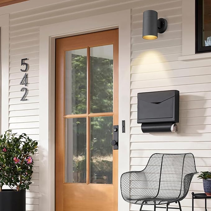 Ken & Ricky Modern Outdoor Wall Sconce Lights,Cylinder，Black ，2 Pack | No Glare Aluminum Exterior Lighting Fixtures,Downward Outside Wall Light,E26,For House Front Porch Garage Patio Entryway
