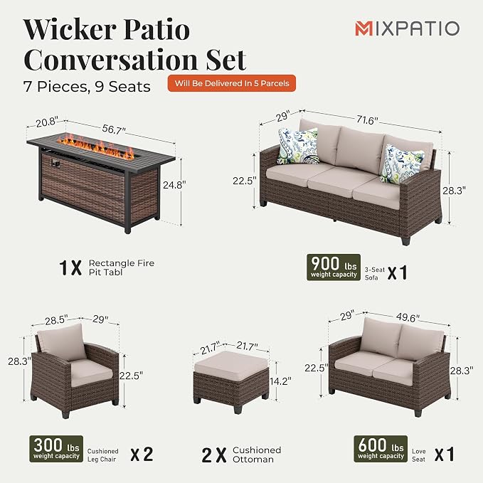 MIXPATIO Patio Furniture Set, 7 Pcs Wicker Outdoor Conversation Set, 2 x Leg Chairs, 1 x 3 Seater Sofa, 1 x 2-Seat Lover Sofa and 2 x Ottomans with 4" Thick Cushion and 56" Fire Pit Table, Beige
