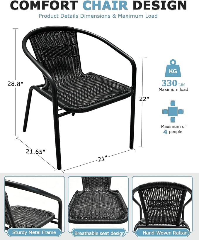 4 Piece Patio Chairs Set, Stackable Outdoor Rattan Chairs, Weatherproof Wicker Patio Seating for Balcony, Porch, Lawn, Small Patio Furniture Set for Backyard, Garden, Poolside, Black