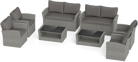 Tangkula 8 Pieces Patio Furniture Set, Outdoor PE Wicker Sectional Conversation Bistro Set with 2 Rattan Chairs, Loveseat, 2-Tier Tempered Glass Coffee Table and Cushions for Balcony, Garden