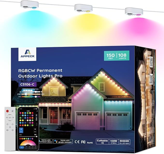 Permanent Outdoor Lights Pro, 150ft with 108 RGBCW Eaves Lights | Dual Lens, 108W, 80lm, Cuttable, IP67 Waterproof Lighting for Daily and Holiday Decor, Compatible with Alexa, White