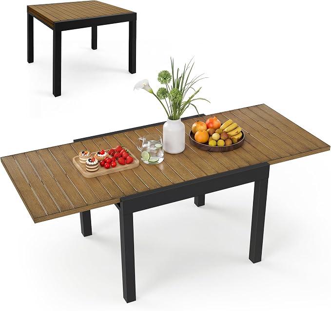 Expandable Patio Dining Table for 4-8 Person, Aluminum Extendable Outdoor Table, 38"-77" Adjustable Patio Table, Square/Rectangular Outdoor Accent Table for Garden, Backyard, Poolside, Teak