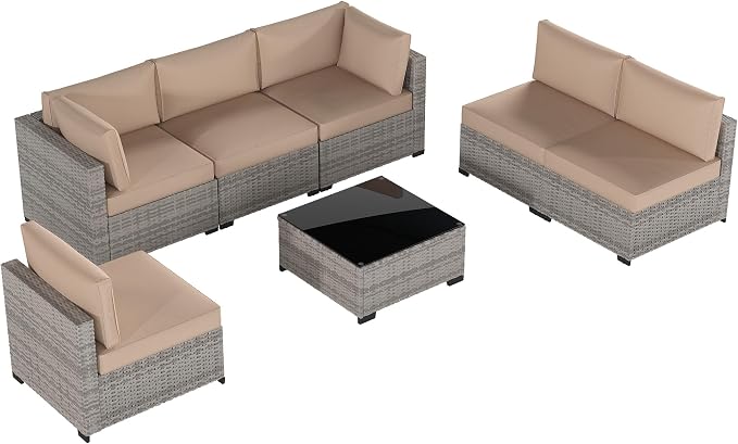 Patio Furniture Set, 7-Piece Outdoor Sectional Couch with Coffee Table & Thick Cushions, Outdoor Wicker Conversation Set for Backyard, Poolside, Garden (Grey White-Camel, 7 Piece-Single)
