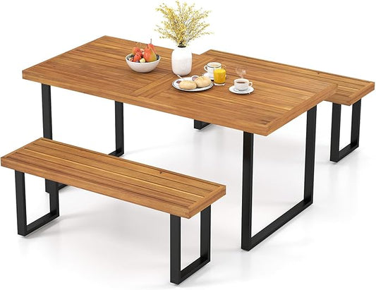 Tangkula 3 Pieces Patio Dining Table Set, 63” Rectangle Acacia Wood Table with Umbrella Hole and 2 Backless Bench with Metal Frame, Outdoor Dinette Furniture for Garden Yard