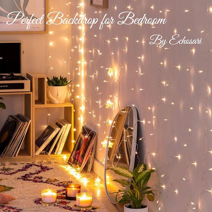echosari 9.8ft×9.8ft Curtain Lights Battery Operated with Remote Warm White | 300 LED Hanging Light Timer Fairy Curtain Lights for Bedroom Patio Wedding Backdrop Party Decór