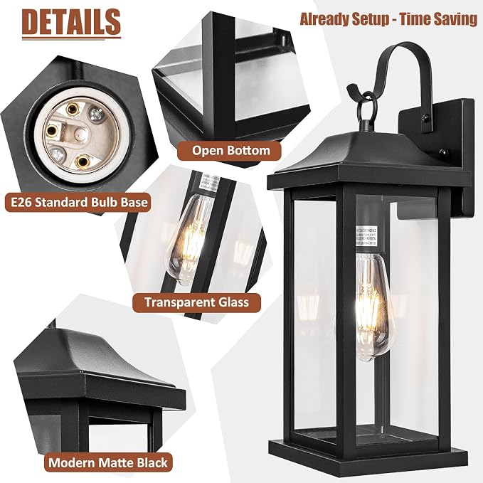 2-Pack Large Outdoor Light Fixtures Porch Lights Exterior Black | 17” Outdoor Sconces Wall Lighting for House Modern, Anti-Rust Waterproof Outside Sconces, Porch Wall Lanterns, ETL List