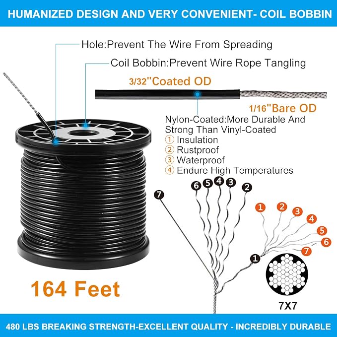 String Light Hanging Kit,Guide Wire for Outdoor String Lights, Shade sail Hardware kit,with 164 Ft Nylon Coated Stainless Steel 304 Wire Rope