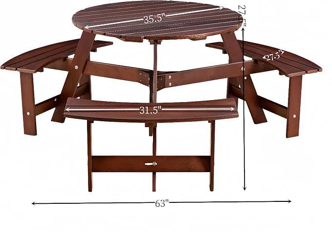 anwickjeff 6-Person Picnic Table and Chairs Set, Outdoor Round Wooden Patio Tables with DIY w/3 Built-in Benches & Umbrella Hole, 1720lbLBS Total Capacity for Patios, Backyard (Brown, 6-Person)