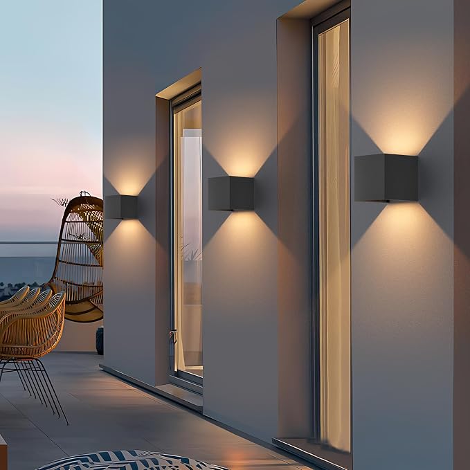 Mille Lucciole 12W 4Pack Outdoor Wall Lights Exterior/Interior,LED Black Outdoor Wall Sconces Light Fixtures Modern,IP65 Waterproof Square Aluminum Wall Lamps, Up and Down Lights 3000K Warm Lights
