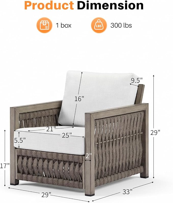 Patio Sofa Chair, Never Rusts Aluminum Outdoor Armchair with Washable Cushions, Rope Weave Outdoor Sofa Chair Patio Sofa Armchair, Deep Seating Patio Furniture for Garden, Porch, Gray Oak