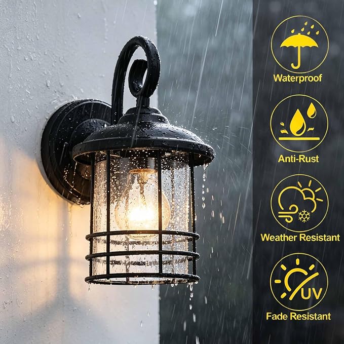 MICSIU Narrow 5.5" Wide Black Single Porch Light, 9.8" H Modern Farmhouse | Seedy Glass Outside Fixture, Vintage Round Outdoor Wall Sconce For Small Sidelight, Front Door, Garage