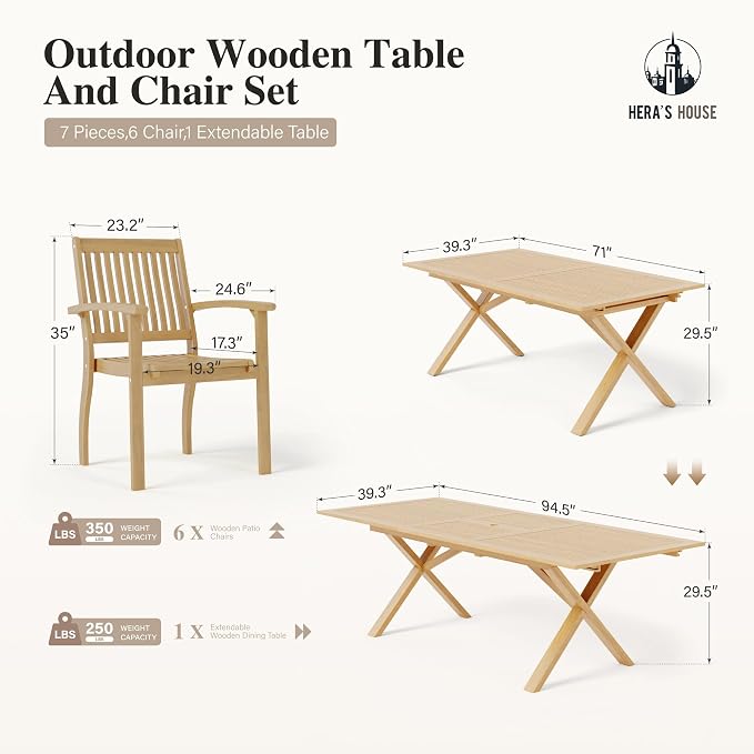 HERA'S HOUSE 7pc Patio Dining Set, Expandable Acacia Wood Table + 6 Chairs | Rectangular wooden table with umbrella hole, Fade-resistant, all-weather furniture for backyard, garden & poolside