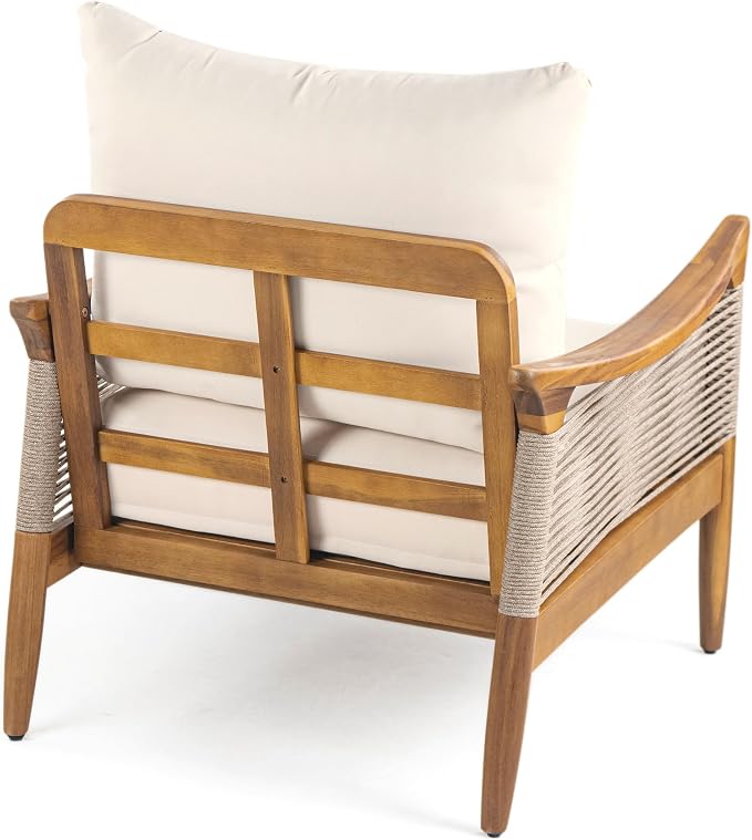 Merax Woven Rope Patio Club Chair, Acacia Wood Outdoor Armchair | Teak-Finish Acacia Frame, Woven Rope Seat, Thick Cushion, Deep Seating For Patio, Porch, Garden, Backyard Or Balcony