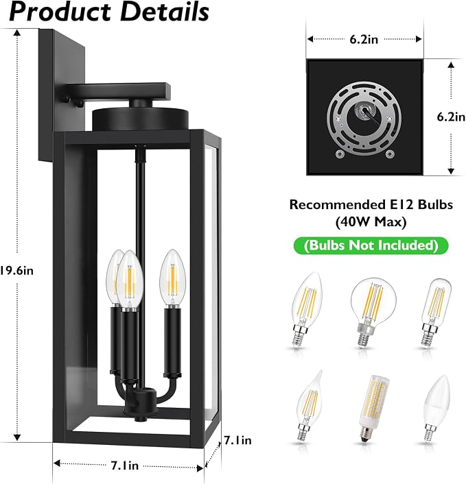 BesLowe 19” Large Outdoor Wall Light, 3-Light Exterior Porch Sconce, Black | Waterproof, Rust-Resistant, Durable Metal with Clear Glass, Standard E12 Socket, Easy to Install