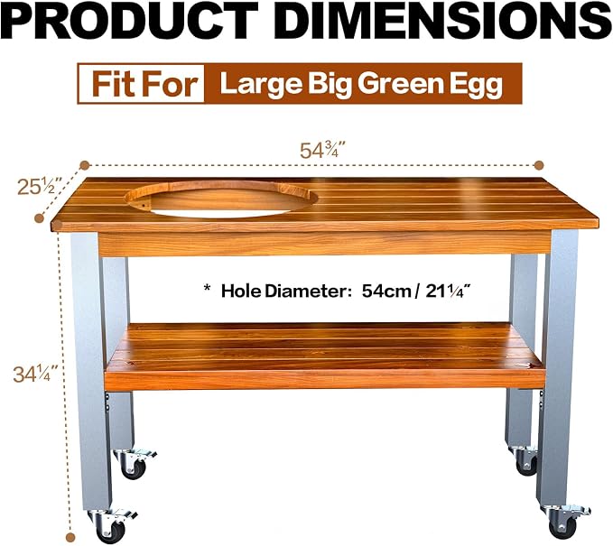 African Teak Grill Table for Large Big Green Egg, Outdoor Wood Table with Aluminum Legs and 3-Inch Locking Casters,Low Maintenance & Easy Assembly Tables for Garden | Natural