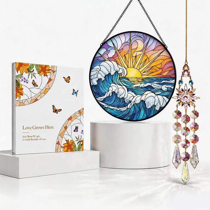 Statement Deluxe Bundle | Stained Glass Window Hanging, Ocean Sunrise 3D Embossed Diamond Glass Suncatcher, 7-Piece Coastal Gift Set with Crystal Pendant & Invisible Hooks