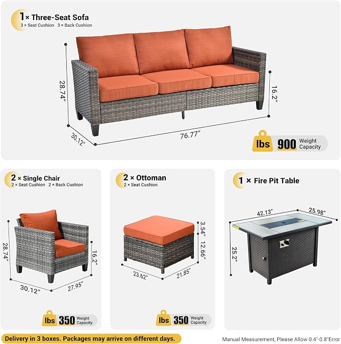 ovios 6 Pieces Patio Furniture Set with Fire Pit Table, Outdoor Wicker 3-Seat Sofa with Comfy Cushion, High Back Rattan Conversation Set for Deck Porch, Orange Red