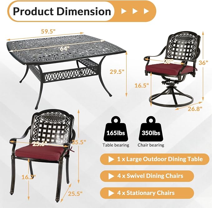9 Piece Outdoor Patio Dining Set for 8, Cast Aluminium Large Square Dining Table & 4 Swivel Rocker Chairs, 4 Stationary, 8 Cushions, Umbrella Hole, Patio Furniture Set for Garden, Chili Red
