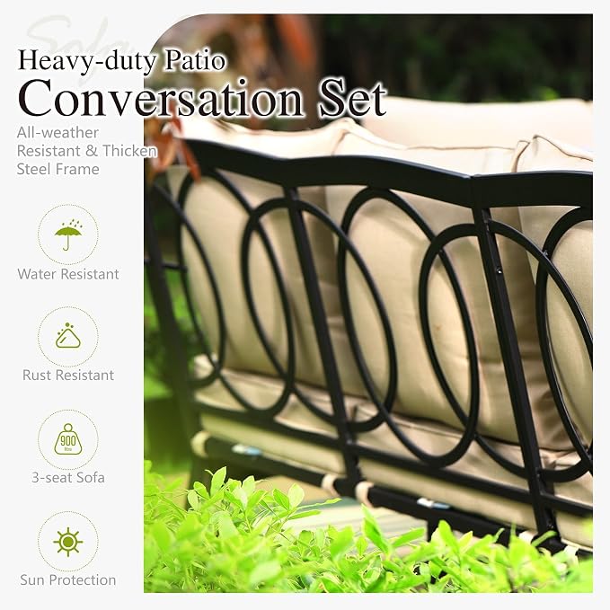 Sophia & William Patio Furniture Set, Metal Outdoor Conversation Set 7 Seats with 3-Seater Sofa, 2 Sofa Chairs, 2 Ottoman,1 Coffee Table for Lawn Porch Backyard,Beige