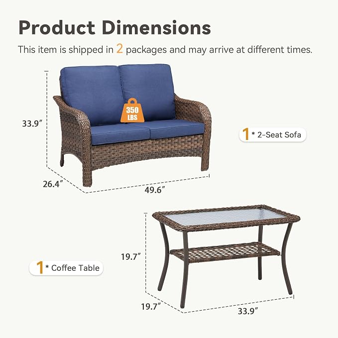 2 PCS Patio Furniture Set, Outdoor Wicker Loveseat Sofa with Coffee Table, 4-Inch Thick Olefin Cushions & Curved Armrests, 300 lbs Capacity Rattan Porch Furniture for Garden, Backyard, Blue