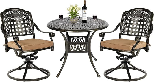 MEETWARM 3-Piece Outdoor Patio Dining Set, All-Weather Cast Aluminum Patio Conversation Set with 2 Cushions Swivel Rocker Chairs and 35.4" Round Table for Backyard Garden Deck, 2.2" Umbrella Hole