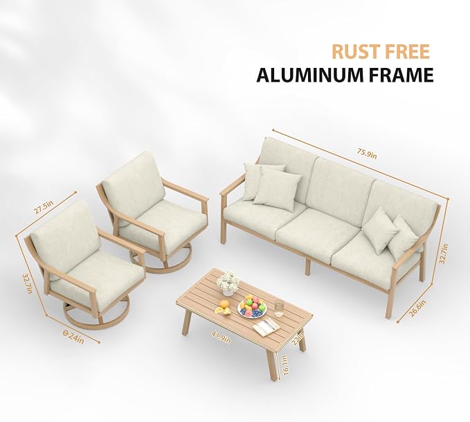 HAPPATIO 4-Piece Outdoor Patio Furniture Set for 5, Aluminum Outdoor Conversation Set Includes 1 Three-Seater Sofa, 2 Swivel Chairs, and 1 Coffee Table, Perfect for Porch, Deck, Garden, (Beige)