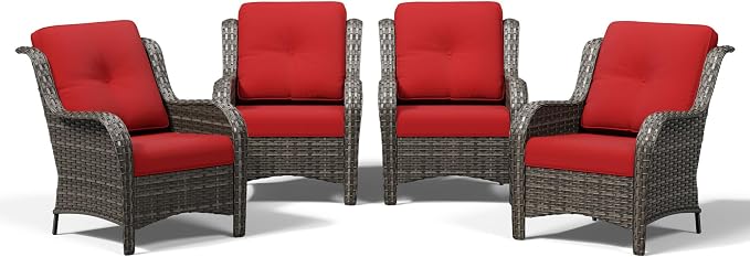 Joyside 4 Piece Wicker Patio Furniture Set, Rattan Patio Chairs with High Back, Deep Seating, Wide Armrest, Thickened Cushions, Outdoor Furniture for Deck, Porch Use