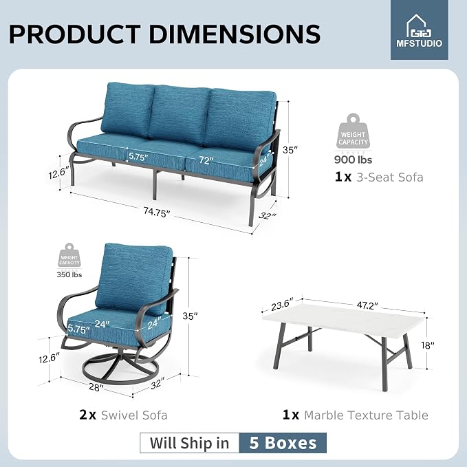 MFSTUDIO 4 Pieces Patio Conversation Sets(5 Seat),Outdoor Metal Furniture Sofas with 1 Loveseat(3 Seat), 2 Swivel Chairs,1 Coffee Table,Wrought Iron with Peacock Blue Cushion