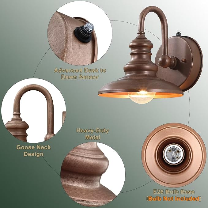 Dusk to Dawn Sensor Rustic Outdoor Gooseneck Barn Light Fixture | Exterior Wall Sconce Lighting Waterproof Outside Porch Lantern Farmhouse Wall Mount Lamp for House Garage Patio