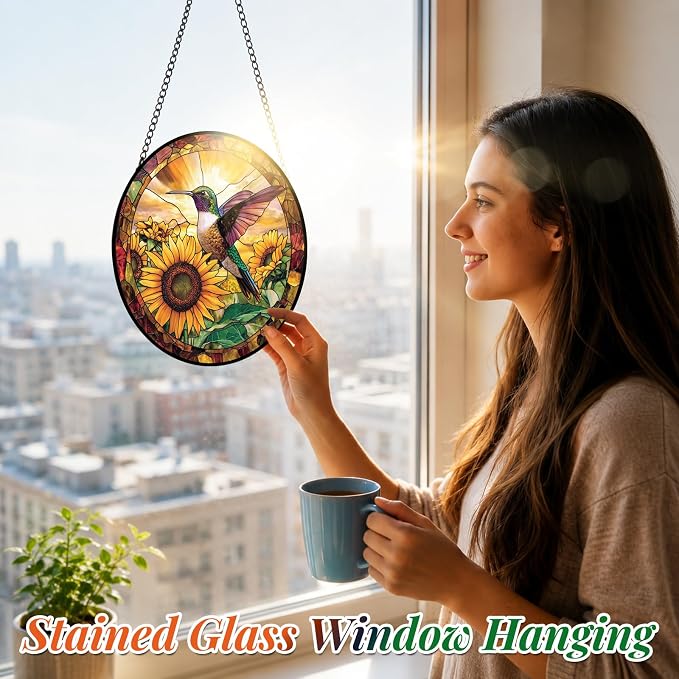 Stained Glass Hummingbird Suncatcher Window Hanging Flowers Gifts for Mom | 7.8in Garden Sun Catcher, Sunflowers Sunrise Ornament for Door Home, Gift for Bird Lovers Grandma & Mother's Day Christmas
