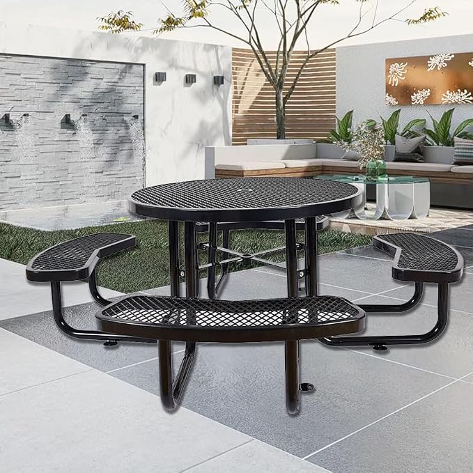 46" Round All Metal Picnic Table for 4-8 Person, Durable Heavy Duty Commercial Picnic Table with Umbrella Hole for Outdoor Coffee Shop, School, Easy to Assemble, Black
