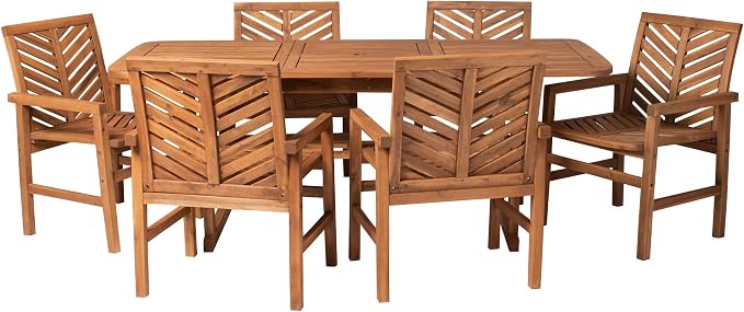 Walker Edison AZW7TXVINBR 6 Person Outdoor Wood Chevron Patio Furniture Dining Set Extendable Table Chairs All Weather Backyard Conversation Garden Poolside Balcony, 7 Piece, Brown