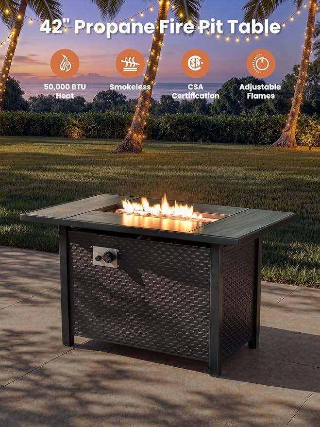 ovios Outdoor 8 Piece Patio Furniture Set with Fire Pit Table,Conversation Sectional Wicker Couch with Coffee Table,Modern Outside Sofa for Balcony Backyard, Black