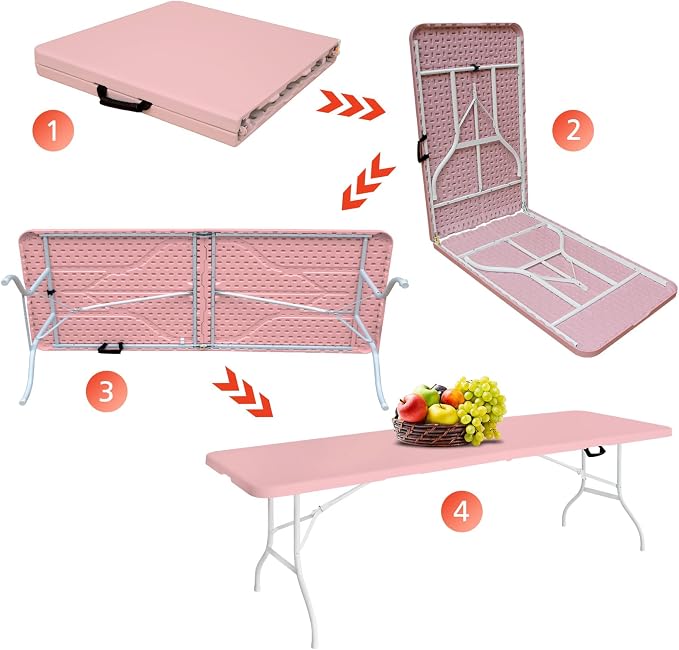 Portable 8Ft Folding Table, Heavy Duty Plastic Fold-in-Half Utility Foldable Dining Table, Multi-Purpose Plastic Folding Table with Carrying Handle for Camping and Party Indoor/Outdoor (Pink)