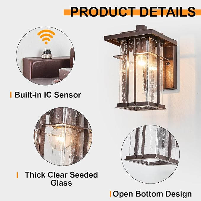 Dusk to Dawn Outdoor Wall Light 2 Pack Outside Wall Lamp Oil Rubbed Bronze Exterior Light Fixtures Wall Mount 10"H Garage Light Outdoor IP65 Porch Light with Seeded Glass Exterior Wall Sconces