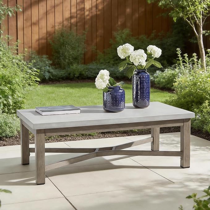 PEAK HOME FURNISHINGS Outdoor Rectangular Coffee Table with Aluminum-Honeycomb Composite Concrete Table Top