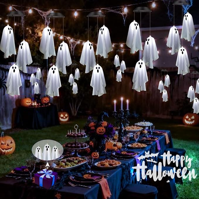 2Pack Hanging Ghost Swing Solar Lights for Halloween Decorations | 6Pc Spooky White Ghosts with ON/FLASH Lighting Mode, Cute Light Up Ghost Kit for Garden Yard Tree Front Porch Halloween Decor