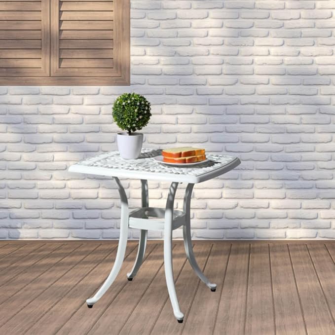 Patio Cast Aluminum Side Table with Umbrella Hole, Outdoor End Table Small Square Coffee Table for Backyard, Garden, Porch, Balcony, Pool Side, Indoor, White
