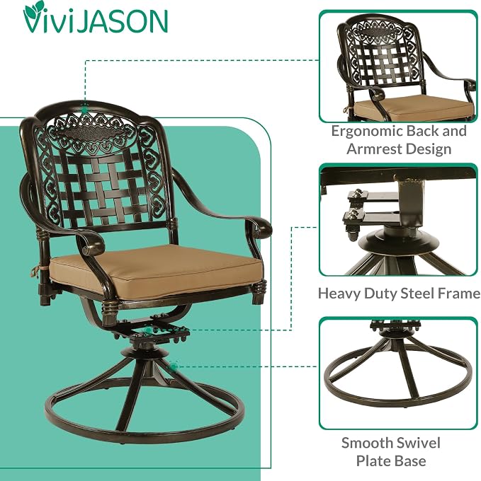 VIVIJASON 9-Piece Outdoor Dining Set, Cast Aluminum Patio Table & Chair Furniture Set for 8, Include Large 64" Square Dining Table, 2 Swivel Rocker Chairs, 6 Stationary Chairs, Umbrella Hole, Khaki
