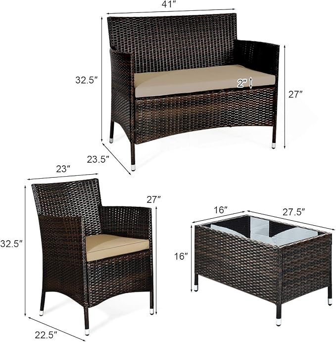 Goplus 4-Piece Rattan Patio Set, Outdoor/Indoor Wicker Conversation Set for Pool, Backyard, Lawn, Wicker Chairs and Sofa with Soft Cushion, Rattan Furniture with Tempered Glass Coffee Table