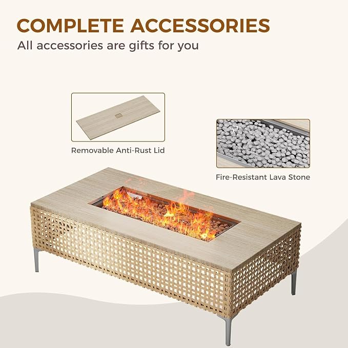 16-Piece Outdoor Patio Furniture Set with 47 Inch Propane Fire Pit Table, 50,000 BTU Rectangle Fire Pit, Storage Box, Water Resistant Thick Cushions, Modular Outdoor Conversation Set for Garden, Porch