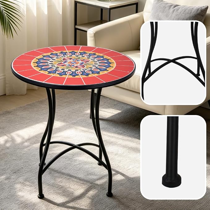 24 Inch Mosaic Patio Round Side Table with X-Curved Legs Indoor and Outdoor Accent End Table for Yard, Garden, Living Room, Bistro, B - Red Mandala