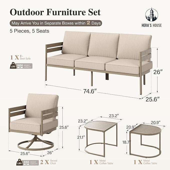 HERA'S HOUSE 4 Pieces Patio Furniture Set, 1 x 3-Seat Outdoor Sofa, 2 x Swivel Armchairs,1 x Wood-Like Nesting Coffee Table, All Weather Patio Conversation Set with Ultra Thick Comfy Cushion