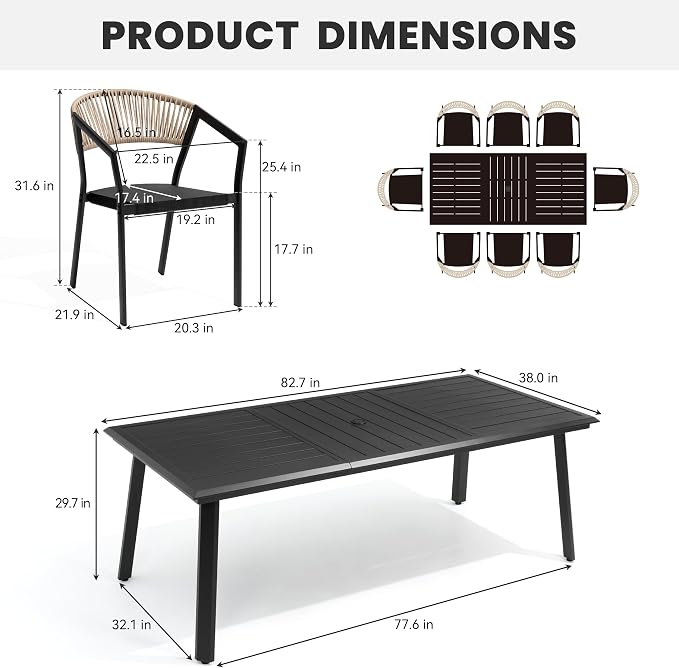 9-Piece Aluminum Patio Dining Set with 8 Stackable Wicker Chairs | 83" Rectangular Outdoor Table with Barrel Brown Chairs Weather Resistant Furniture for Backyard, Deck, Poolside